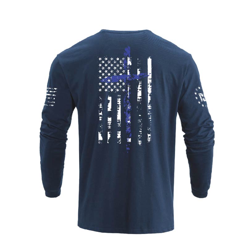 USA FLAG CROSS 100% COTTON GRAPHIC LONG SLEEVE T-SHIRT