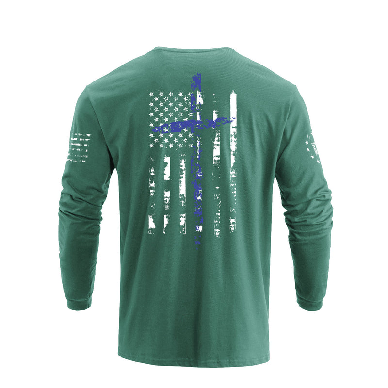 USA FLAG CROSS 100% COTTON GRAPHIC LONG SLEEVE T-SHIRT