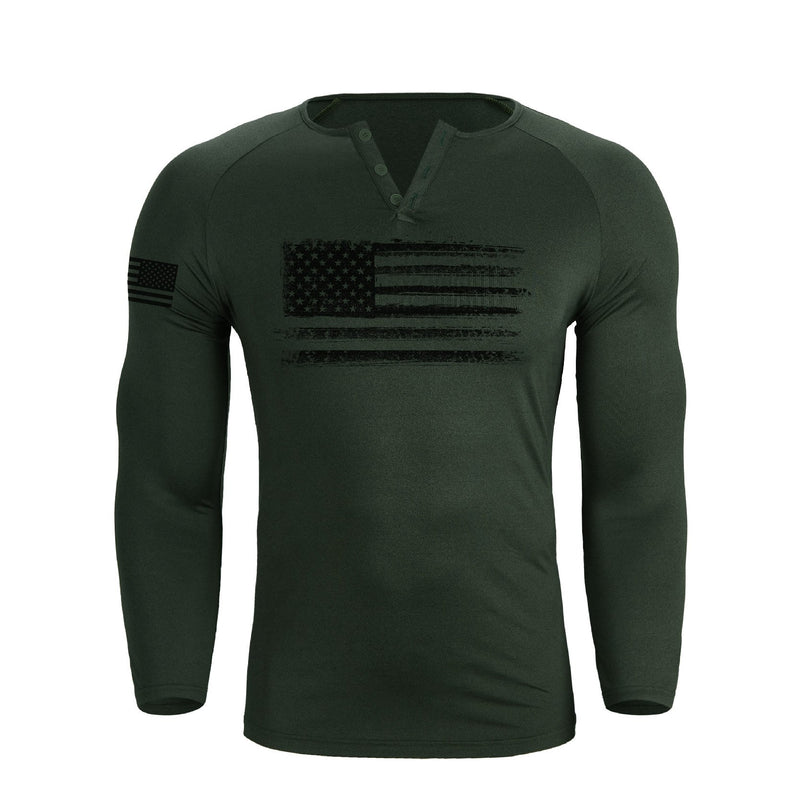 USA FLAG 1/4 BUTTON V-NECK LONG SLEEVE HENLEY SHIRT